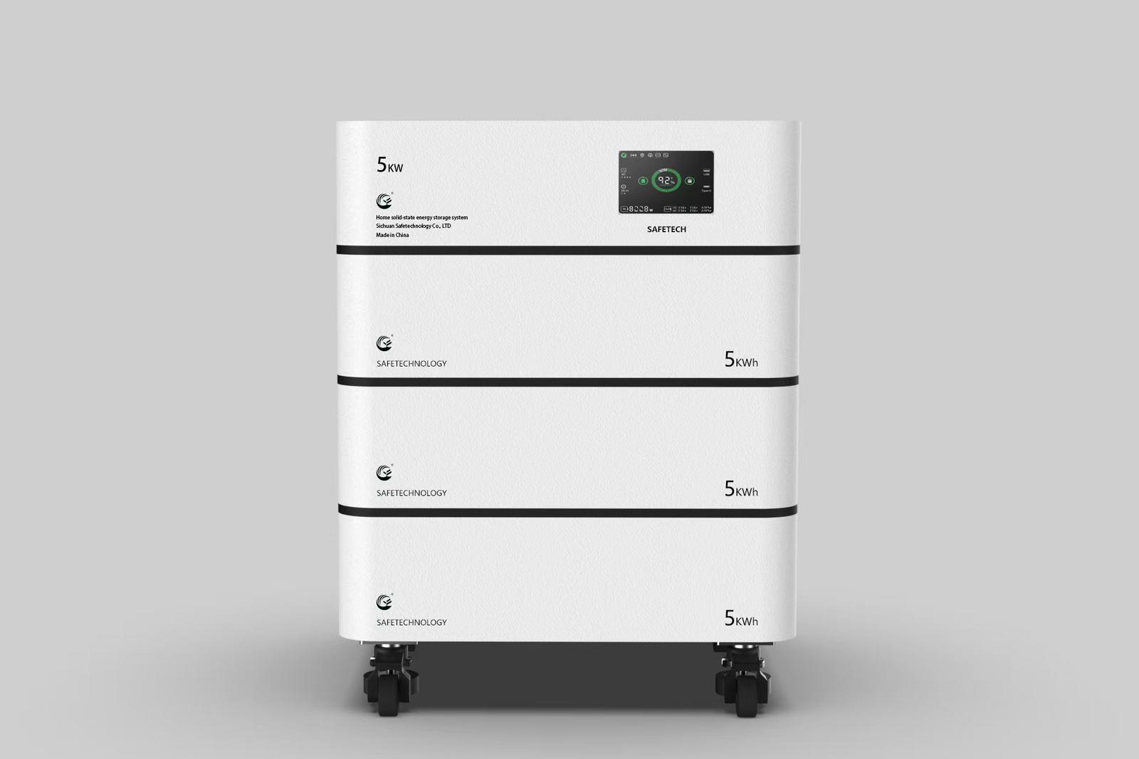 Safetech residential solid-state battery system — 5kWh to 20kWh home energy storage with solar inverter integration
